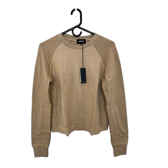 Monrow Reversed Casual Cozy Supersoft Fleece Cut Off Raglan in Latte NWT size S‎ - Picture 1 of 5